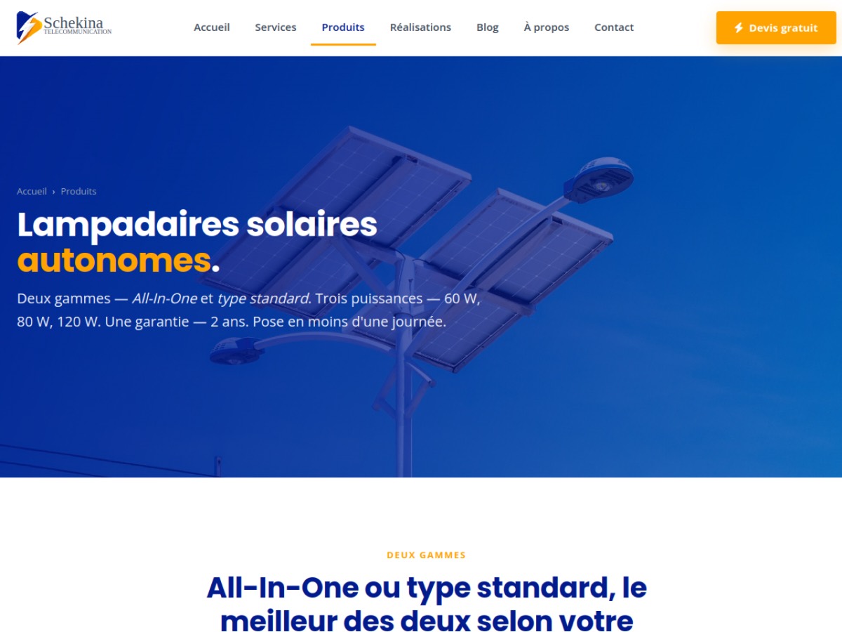 Aperçu du site Schekina — lampadaires solaires